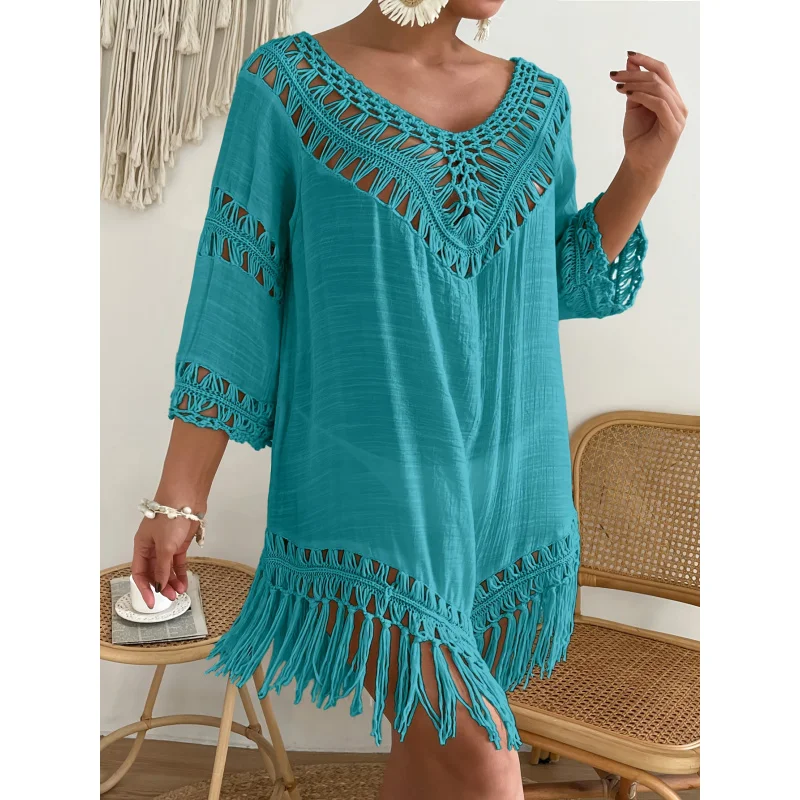 MOXDO Plus Size Beach Cover-Up: Long-Sleeve, Openwork Crochet Skirt, Relaxed Fit, Casual Vacation Style—Perfect for the Beach 1