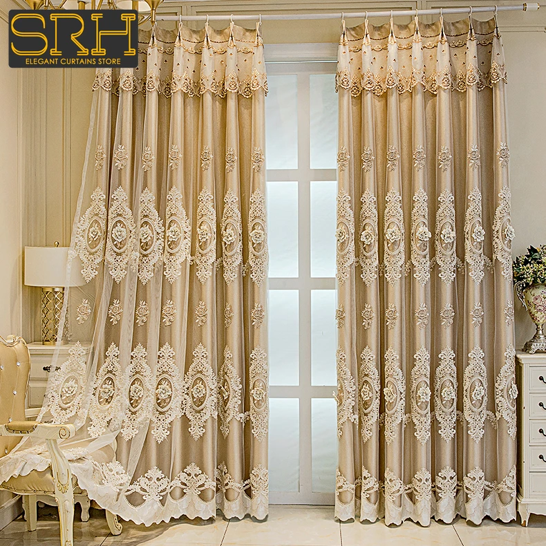 

European Double-layer Thickened Curtains for Living Room Bedroom Blackout Lace Cloth Yarn Integrated Embossed Embroidery Custom