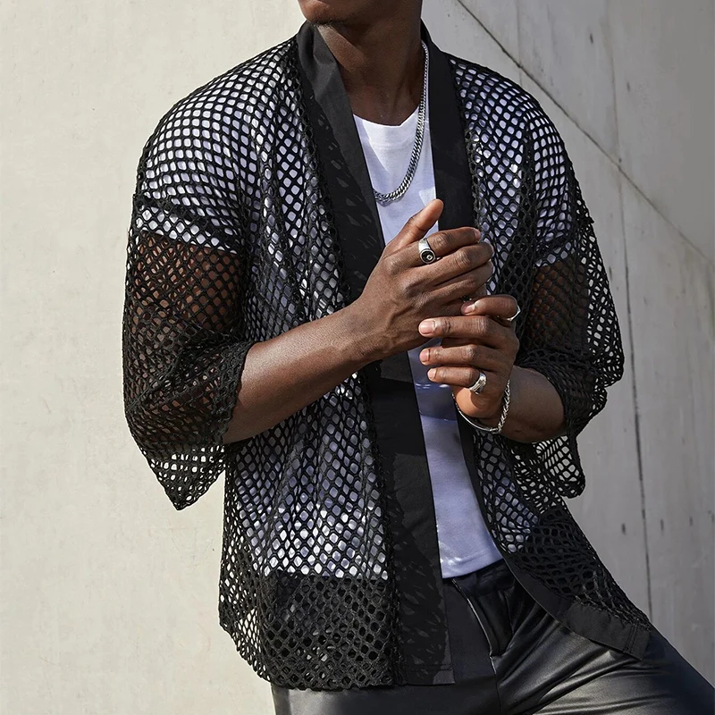 

Sexy Hollow Mesh Cardigan For Man Fashion Solid 3/4 Sleeve Summer Shirt 2023 Men Clothing Loose Tee t Shirt Top Streetwear