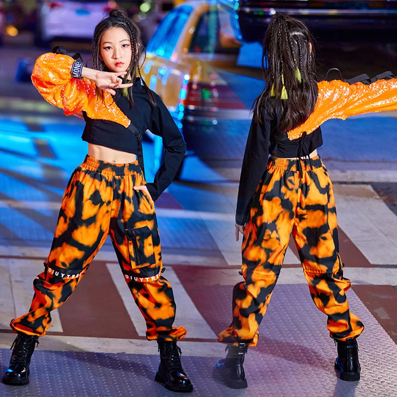 

Clothes Children Dancer Outfit Festival Clothing Orange Sequins Jazz Dance Costume For Girls Hip Hop Dancing Performance