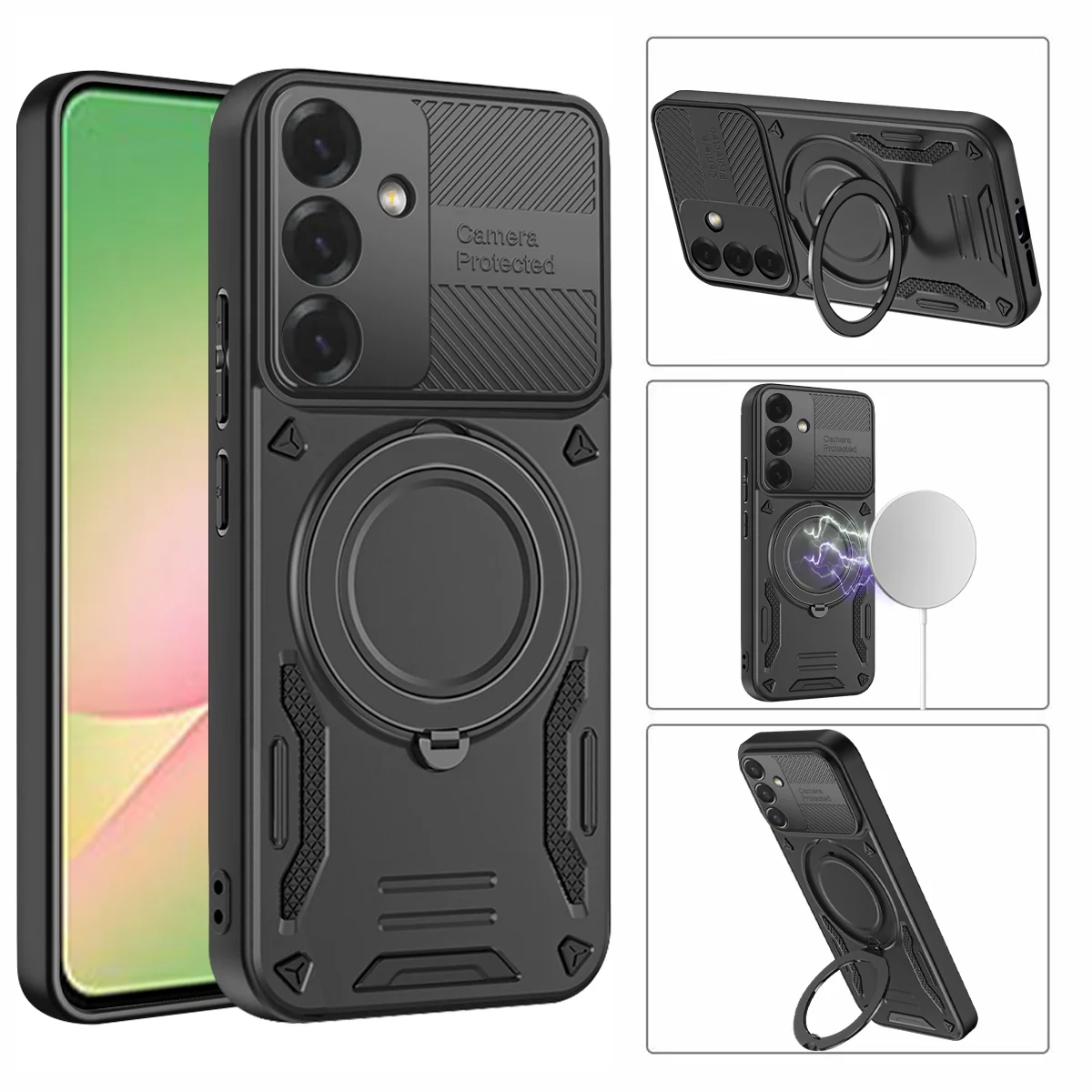 Enhanced Magnetic Case with 360° Rotating Kickstand and Lens Protection - Tough PC Cover