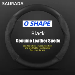 Luxury D - Shape Leather Steering Wheel Cover - 38cm (O Style B BLack)