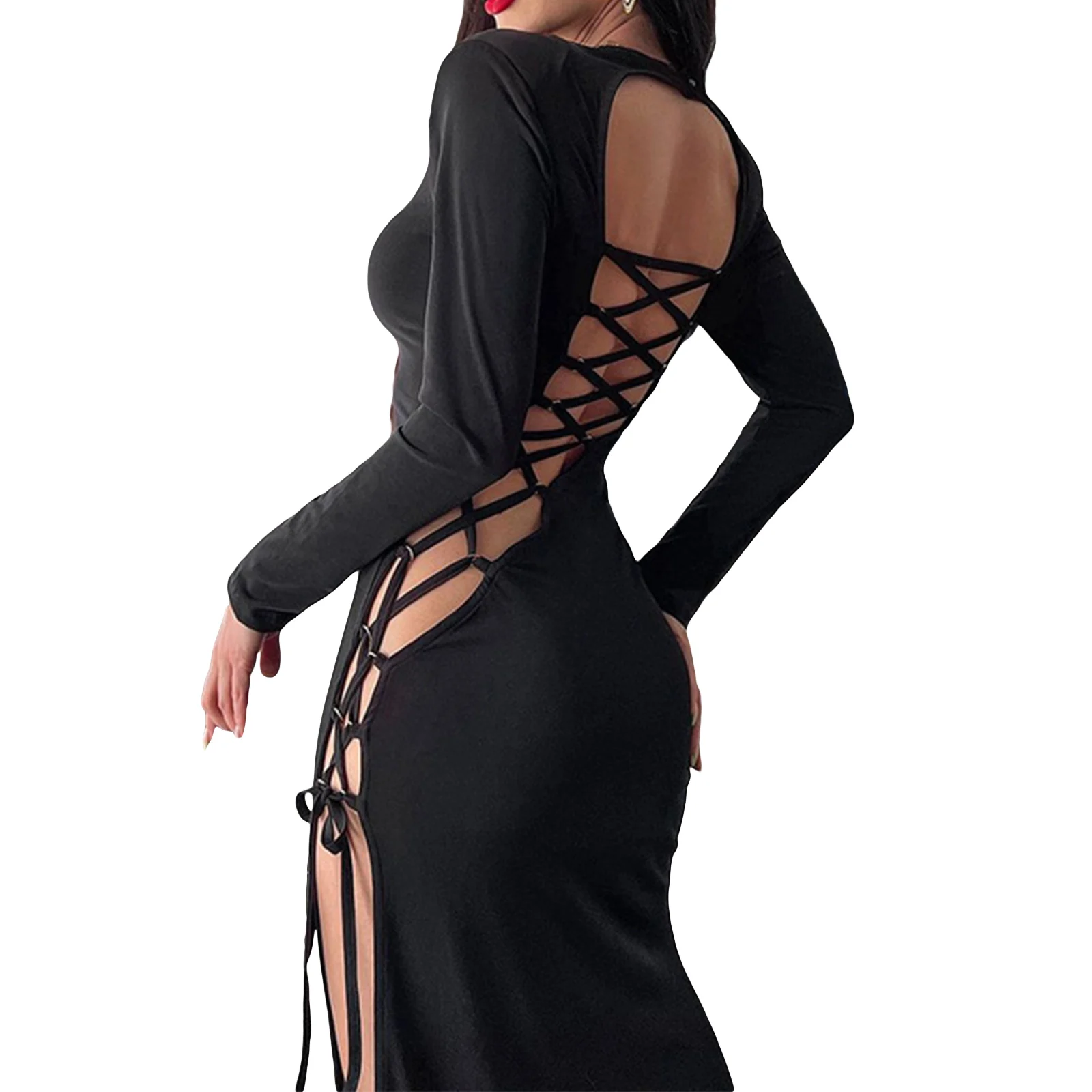 

Women Fashion Sexy Strappy Long Dress Summer Long Sleeve Backless High Split Dress Hollow Out Tie Up Round Neck Party Dress