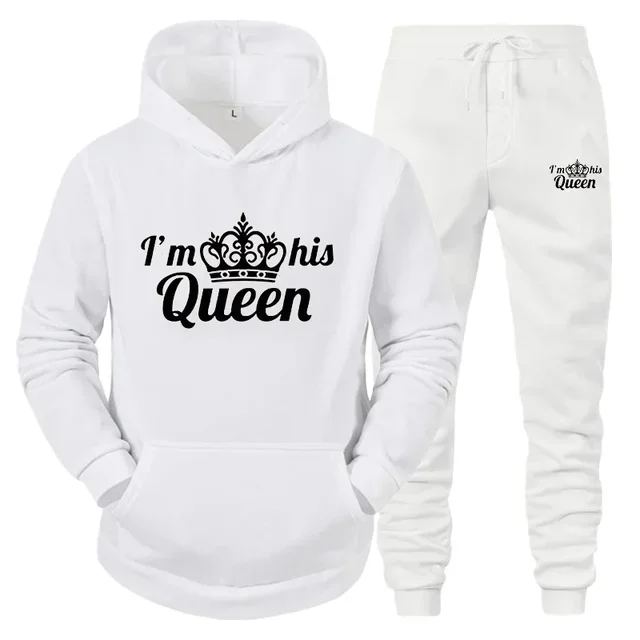 thumbnail image 1 of Chándal con estampado de QUEEN y KING para hombre y mujer, Sudadera con capucha para parejas, ropa deportiva para amantes, conjunto de 2 piezas, 1 of 5