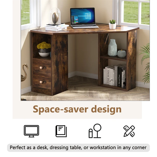 Corner Desk Triangle Corner Computer Table For Small Space Industrial Triangle Desk With 2 Drawers Storage Shelf For Home Office