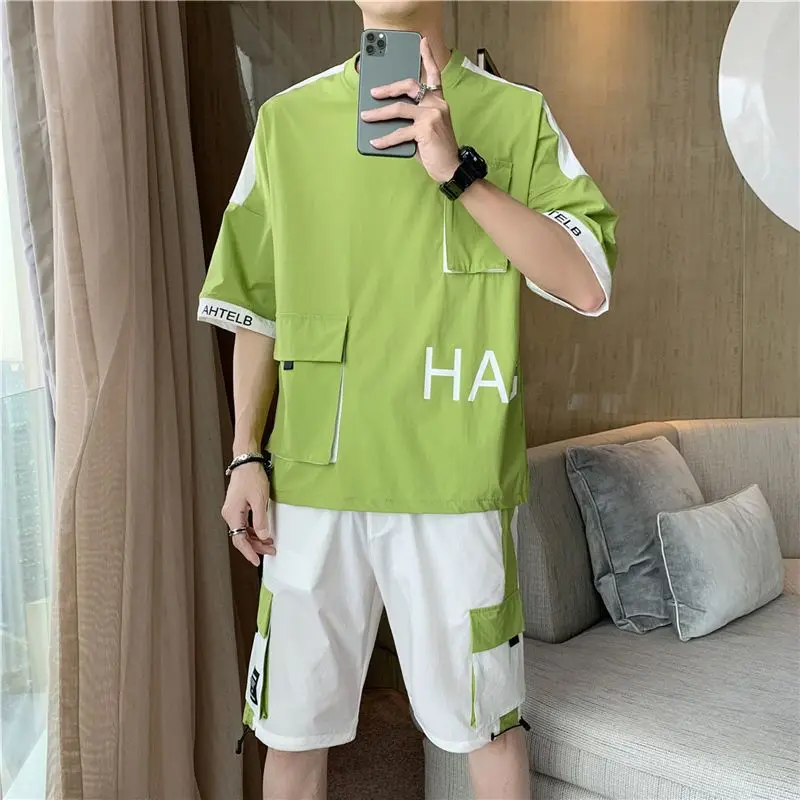 Male T Shirt Cargo Shorts Sets Summer Piece Outfit Polyester Top