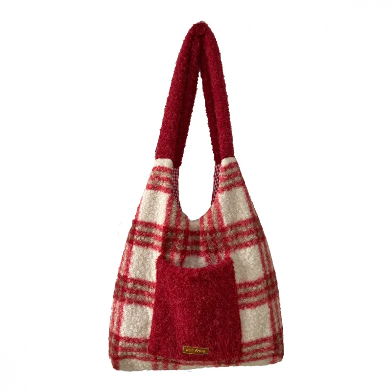 New Arrival Autumn Winter Fuzzy Mixed Bag Christmas Red Checked Single Shoulder Tote Barn Style Striped Chic