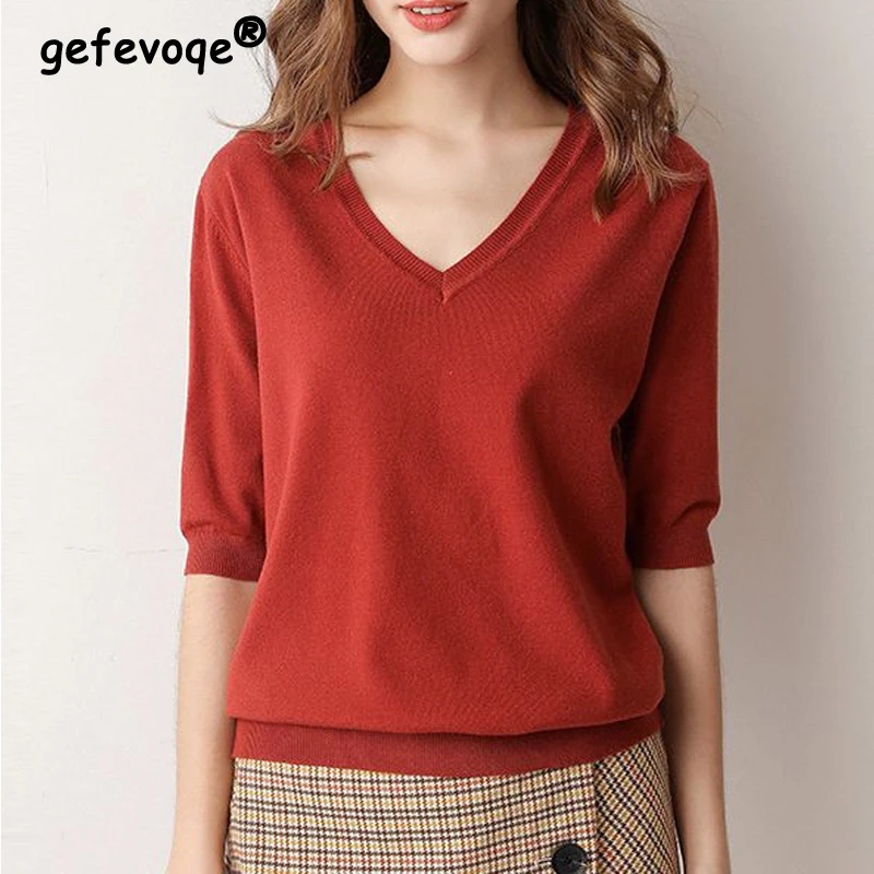 

Women's Clothing 2024 Spring Summer Simple Casual V Neck Half Sleeve Thin Soft Knitwear Elegant Solid Loose Pullover Basic Tops