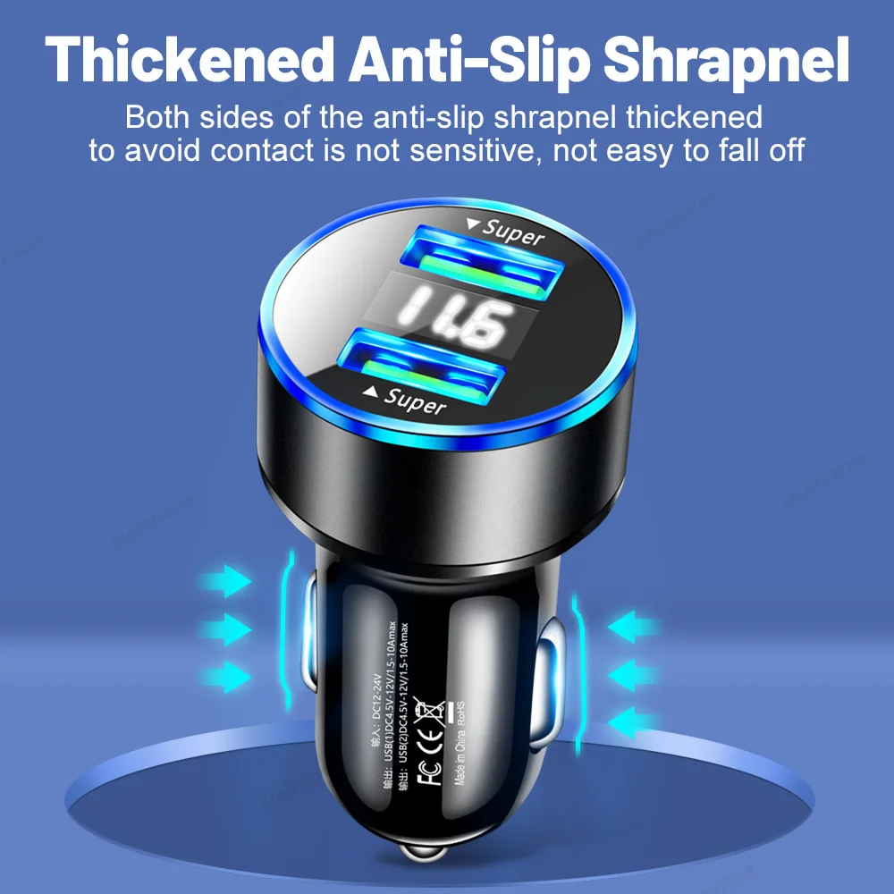 3.1A USB Car Charger Fast Charging 2 USB Ports Phone Adapter For iPhone Samsung Xiaomi Quick Charging With Digital Display