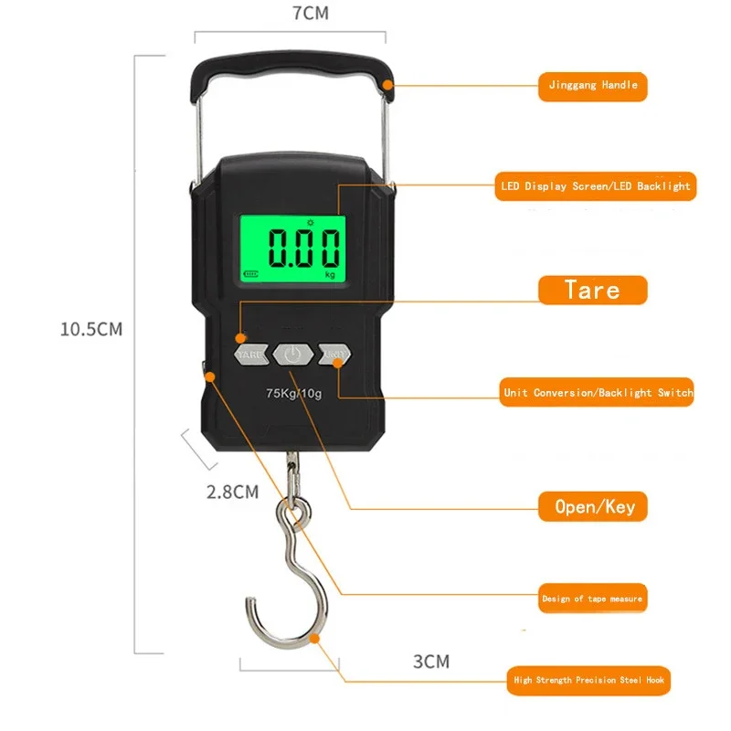 검은 전자 무게 디지털 규모 충전식 LCD 75Kg 10g 수하물 규모 교수형 후크 낚시 규모 측정 테이프