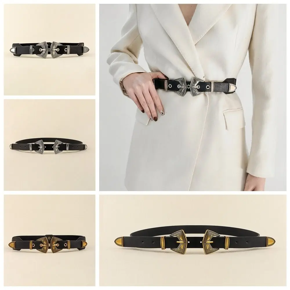 

Metal Double Buckle Belt Vintage PU Leather Alloy Black Korean Style Women