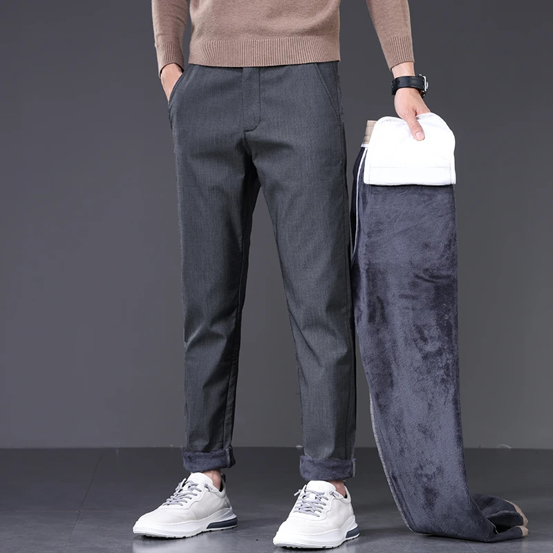 

CUMUKKIYP 2023 New Men's Casual Business Pants Autumn and Winter Straight Plus Velvet Loose Korean Style Wide Leg Pants