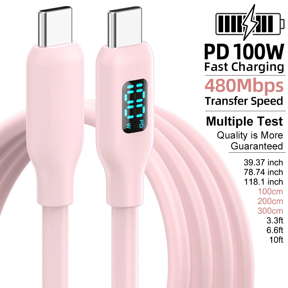 핑크 PD 100W USB C 초고속 충전 케이블 실리콘 LED 디스플레이 화면 포함 아이폰 17/16/15 타입-C 폰 및 태블릿용