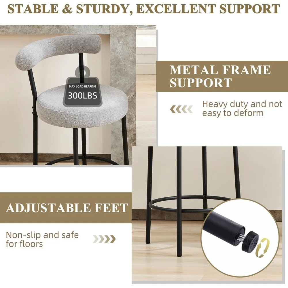 Bar Stools Set of 3, 28 Inches Counter Height Bar Stools with Curved Back, Modern Upholstered Fabric Grey Tall Barstools for 5