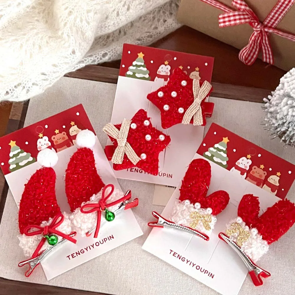 Hair Accessories Christmas Hairpin Merry Christmas Decor Korean Style Plush Xmas Barrettes Headwear Plush Pearl Gloves Hats Star
