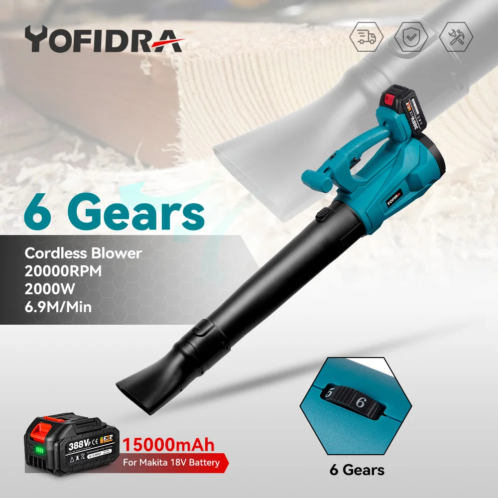 Yofidra Electric Blower 6 Gears Adjustable Cordless Household Leaf Blower Blowing Dust Blowing Snow Tool For Makita 18V Battery