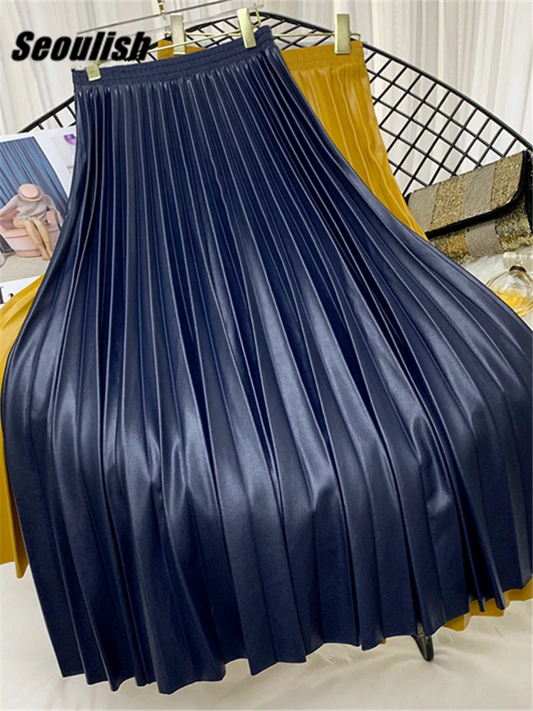 

Seoulish Women Autumn Winter PU Leather Pleated Skirts Elastic High Waist Fashionable All-match Midi Skirt Female 2022 New