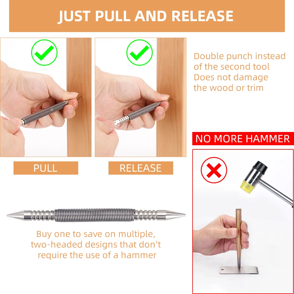 Dual Head Nail Setters Spring Nail Setter Punch Set Hammerless Tool with 5000 PSI Impact Force 1/32&Prime; 1/16&Prime; & 3/32&Prime; 1/8&Prime;