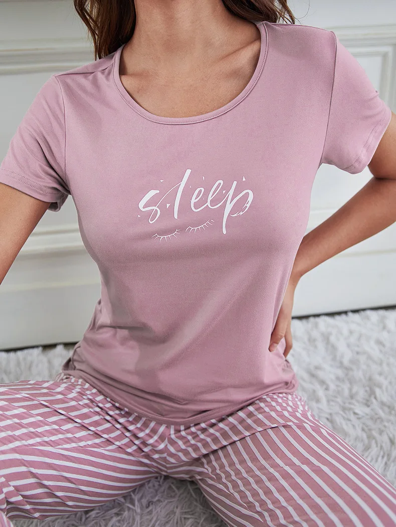 2Pcs Women Plus Size Pajamas Short-Sleeved White Striped Drawstring Trousers Student Homewear Suit Letter Print T-Shirt Ladies
