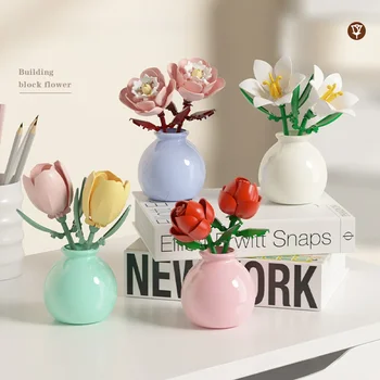 Mini Rose Tulip Sunflower Peony Flower with Vase Model Micro Building Blocks DIY Home Desk Plant Decor Brick Girls Gift Kid Toys
