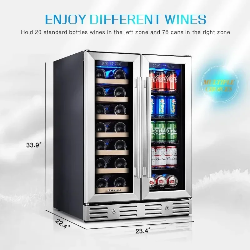 Wine and Beverage Refrigerator, 24 inch Wine Fridge Dual Zone Hold 20 Bottles and 78 Cans, Digital Touch Control 3