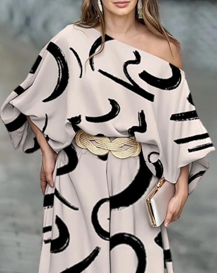 Elegant Pants and Blouse Set Spring Summer Abstract Print Skew Neck Top Pants Sets New Fashion Loose Casual Wide Leg Pants Set
