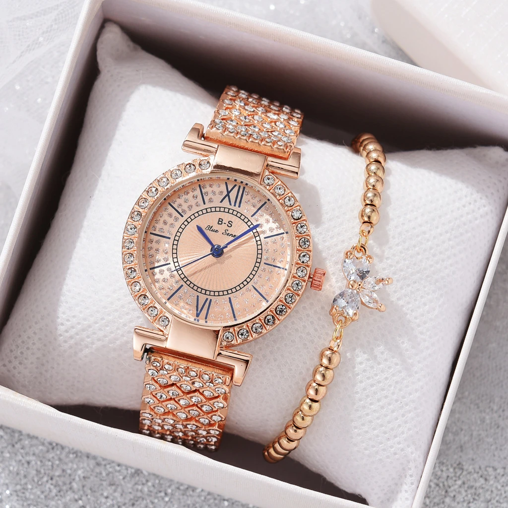 2022 Luxury Bracelet Watches Set For Women Fashion Rhinestones Quartz Clock Ladies Stainless Steel Wrist Watch Zegarek Damski