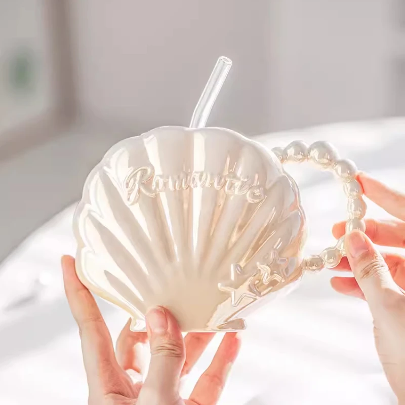 

Кружка в виде жемчужной ракушки с покрытой соломинкой светильник Роскошная красивая керамическая чашка для девушек домашний Креативный дизайн нишевые чашки в подарок