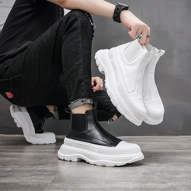 Men's Leather Boots Autumn Winter New Fashion Leather Boots Thick Soled Light High Boots Fashion Casual Versatile Chelsea Boots