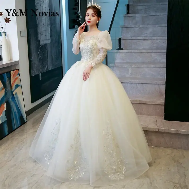 Y&M Novias Shiny Glitter Flower Wedding Dress New Style Bride Plus Size Flower Wedding Dresses Dreamy Full-sleeve Bridal Lace Up