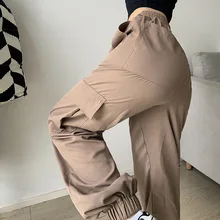 

WeiYao Khaki Solid Pockets Harem Cargo Pants Women Vintage Casual Loose Korean Trousers Elastic Low Waist Hippie Sweatpants