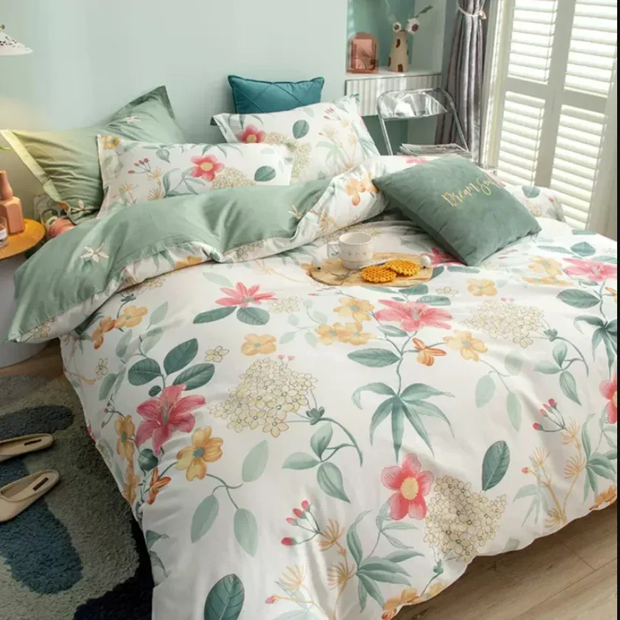 

100% Cotton Bedding Set Duvet Cover + 2pcs Pillowcase Skin-friendly Flower Print Duvet Cover King Queen Customized Size B88A