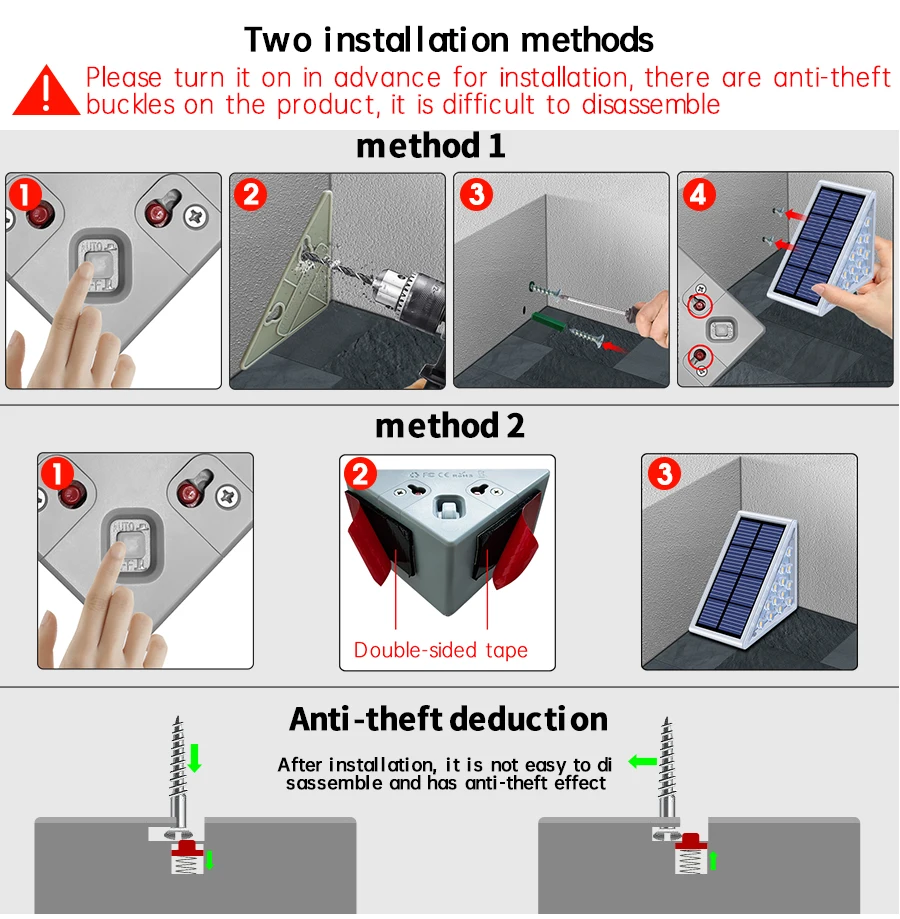 LED Outdoor Solar Light, Easy install options: turn-on or tape; features anti-theft buckles for secure mounting.