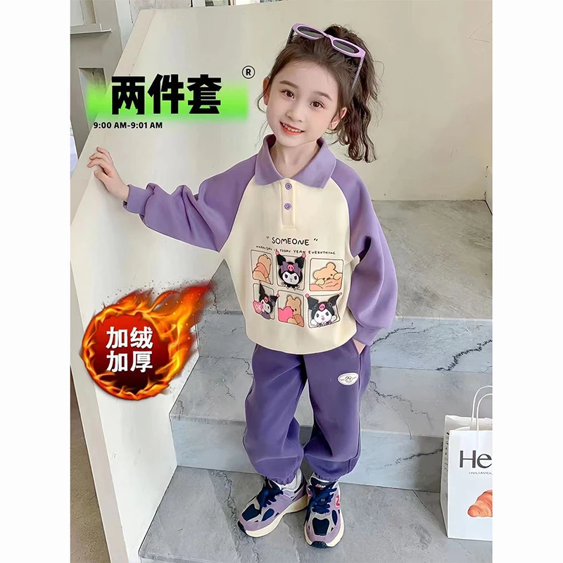 

Sweet Kawaii Sanrio Kuromi Anime Long Sleeve Hooded Pants Cute Cartoon Fleece Casual Sports Two-Piece Set Clothes Kids Gifts