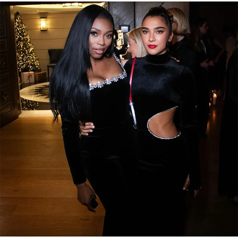 Black Beaded Velvet Jumpsuits For Women One Piece Long Sleeve Square Collar Full Length Jumpsuit Christmas Evening Party Gown