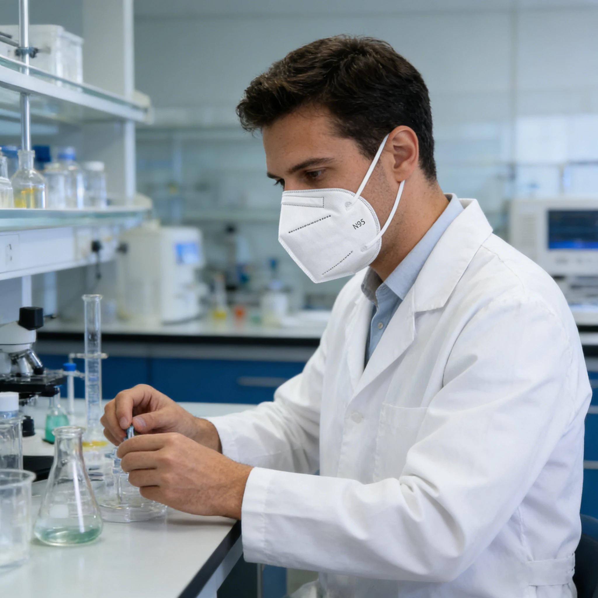 Vue de profil d'un masque FFP2 blanc, forme ajustée au visage, protection respiratoire.