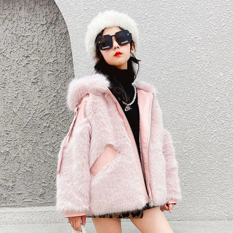 Новинка 2023, пальто из искусственного меха для девочек, зимняя утепленная верхняя одежда, модная повседневная однотонная верхняя одежда с капюшоном, универсальная Свободная куртка