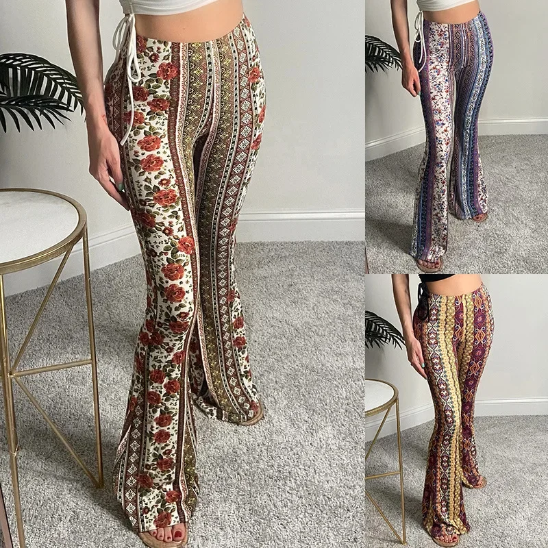 Bohemian Style Micro Horn Legging Trousers Fashion Women's Spring and Autumn 2023 New Women Cottagecore Pants Printed  Regular