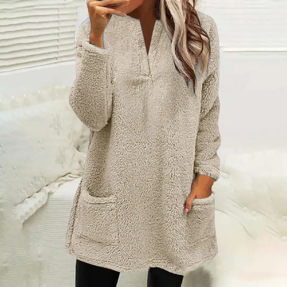 

V-neck Women Top Cozy V-neck Women's Sweatshirt with Plush Fabric Pockets Cold-resistant Warmth for Fall Winter Mid Length