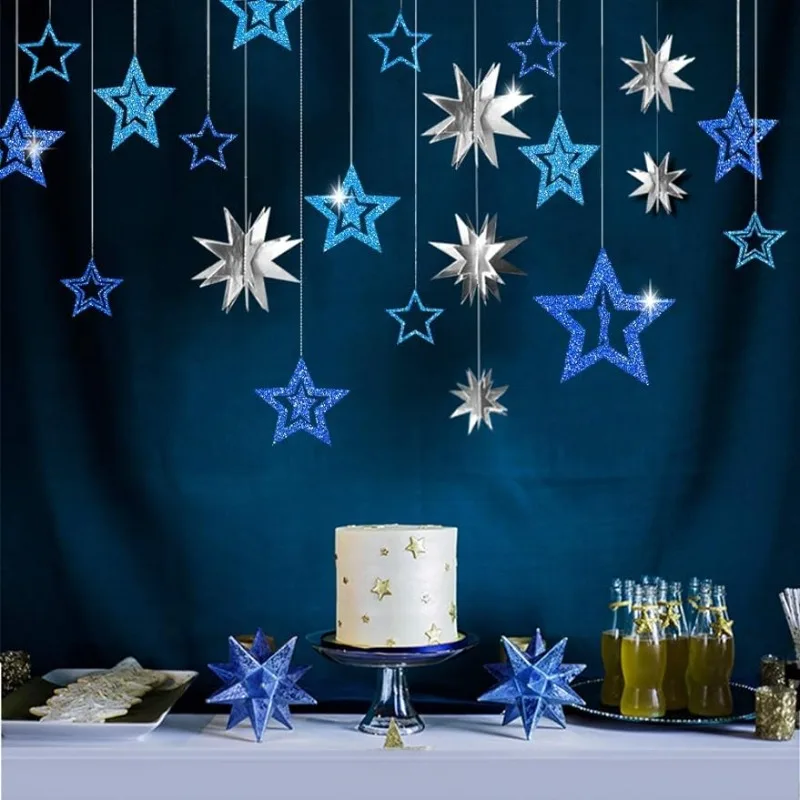 3Set Blu Argento Stella Decorazioni Per Feste Di Compleanno Metallico 3D Stella Ghirlanda Scintillio Piccola Stella Ritagli Forniture Per Feste Stella