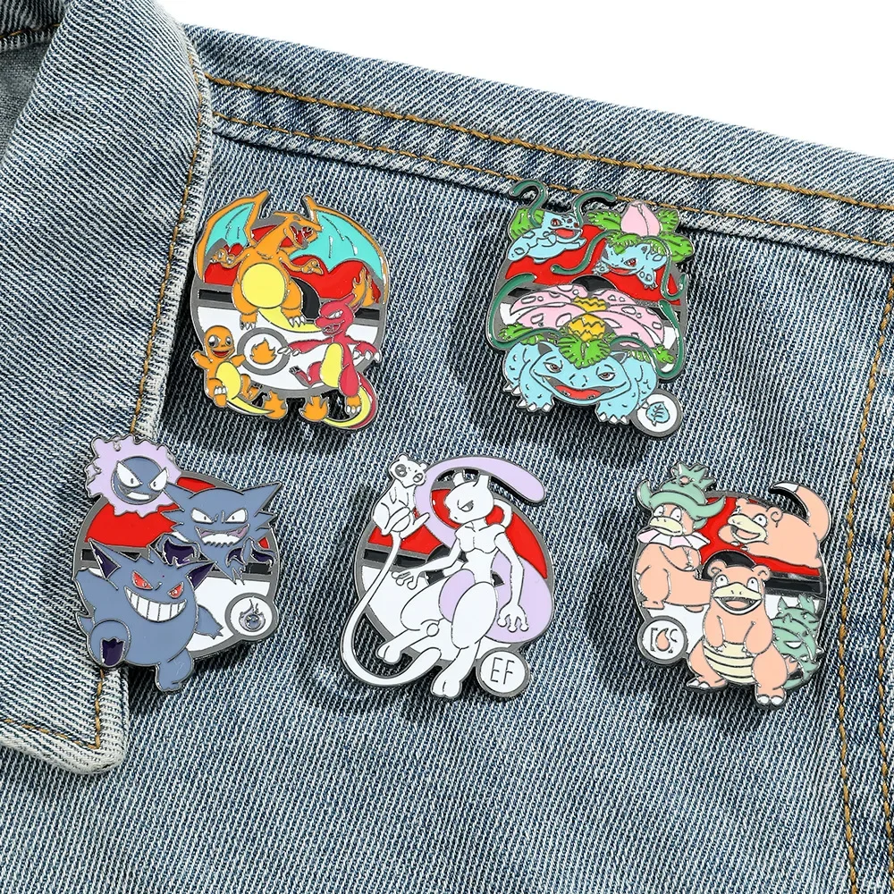 

Pokemon Brooch Anime Mewtwo Charizard Gengar Pikachu Slowpoke Figure Kawaii Metal Badge Toys Accessories Kids Birthday Gifts