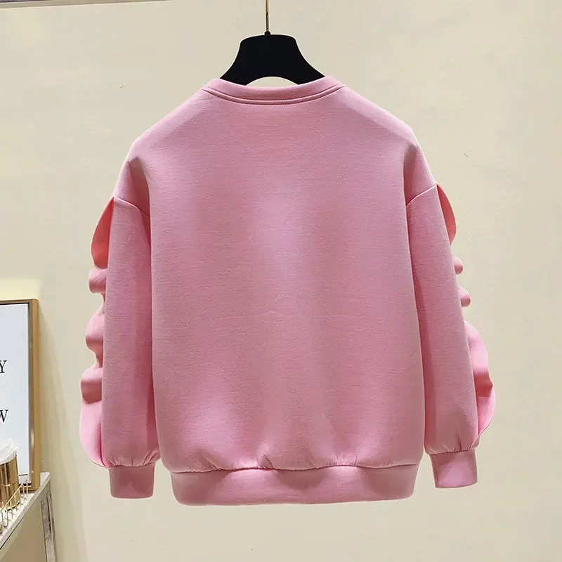 Women Long Sleeve Casual Pullover Fashion Korean Style Animal Embroidery Sweatshirt Autumn Winter New Ruffles Splicing Pink Tops