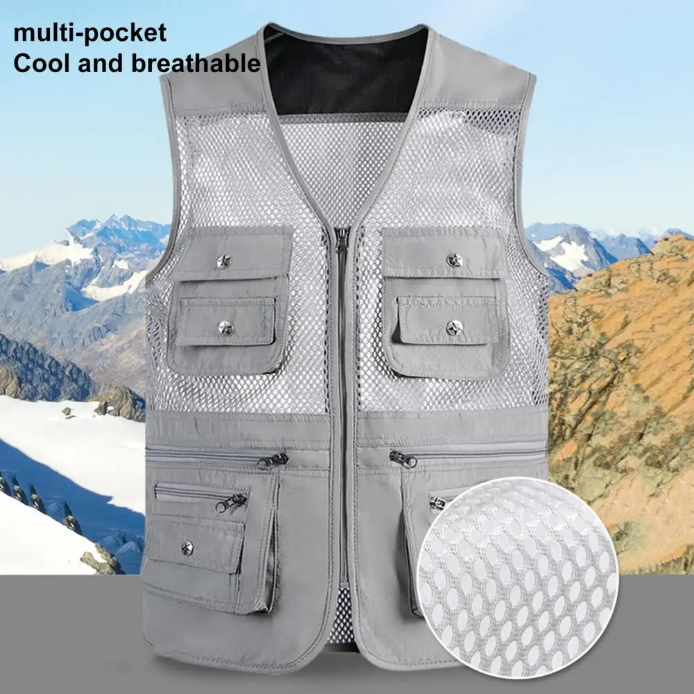 MenVestOutdoorWaistcoat10PocketsHollowMeshBreathableSleeveless