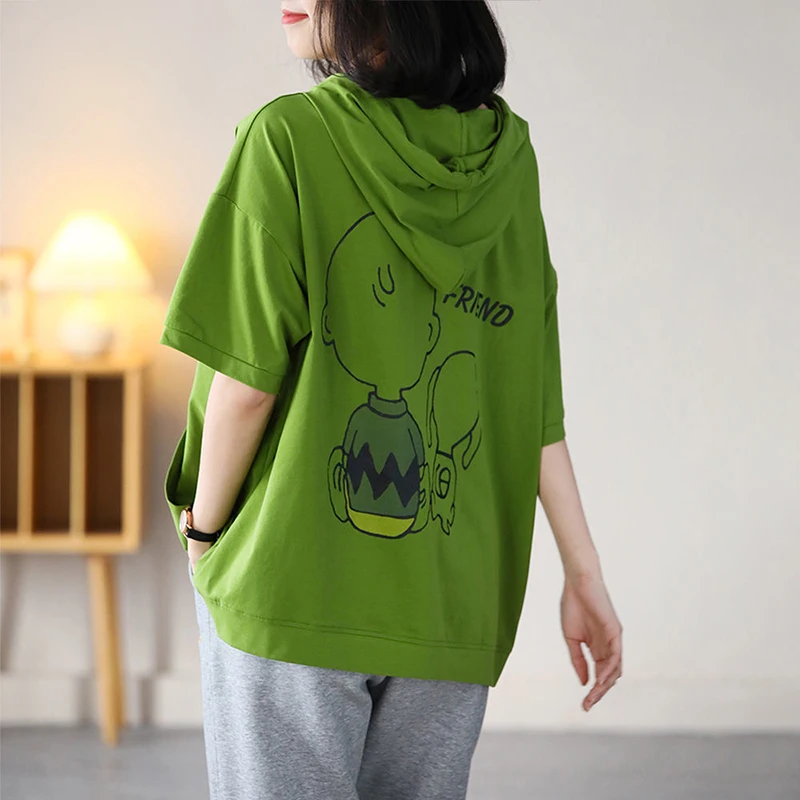 Fashion Loose Printed Letter Cartoon Hooded Sweatshirts Women Clothing 2024 Summer New Oversized Korean Tops Casual Sweatshirts