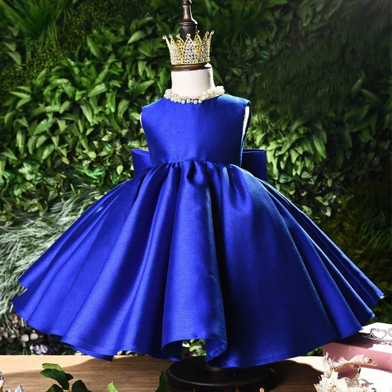 

2023 Girl Summer Blue Party Princess Dress Kids Birthday Solid Green Satin Dresses Fluffy Children Elegant Toddler Frocks