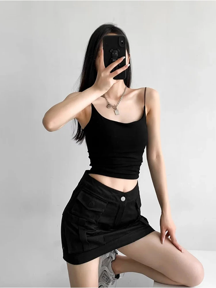 

Strap Square Collar Pleated Crop Vests 2024 Summer New Sexy Women's Sling Vest