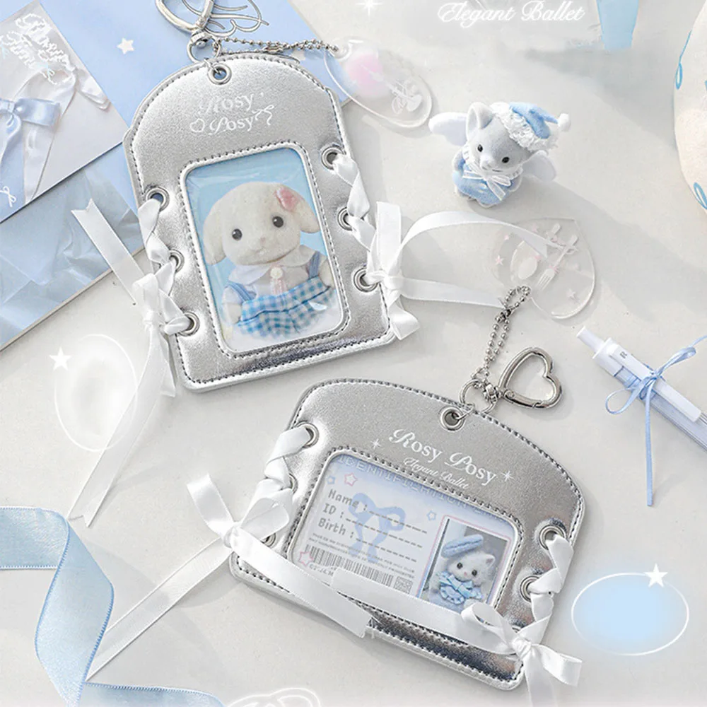 Ballet Style Silver Leather Picture Frames Lovely Kpop Photocard Holder with Pink Ribbon Picture Frame Balletcore for Gir 3