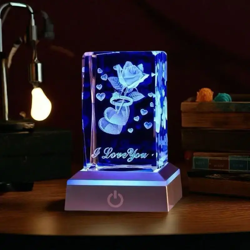 3D 입각 크리스탈 장미 피규어(LED 조명 포함), 독창적인 데스크탑 장식 생일 선물