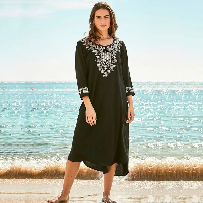 

Plus Size Black Blue Kaftan Beach Dress for Women Embroidered Bikini Cover Up Short Sleeve Casual Resort Wear African Robe