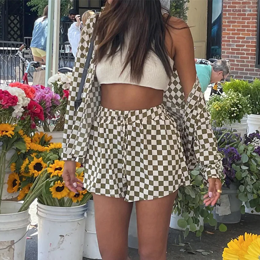 

2022 Spring and Autumn Tops Long-Sleeved Green Checkerboard Suits Retro Fashion Long Shirts Loose Casual Women's Clothing